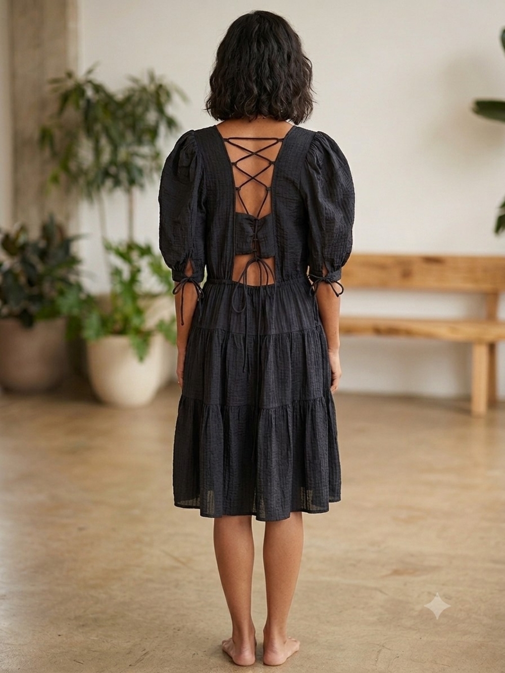 Reitmans Black Lace-Up Back Tiered Midi Dress Size Small - Picture 1 of 7